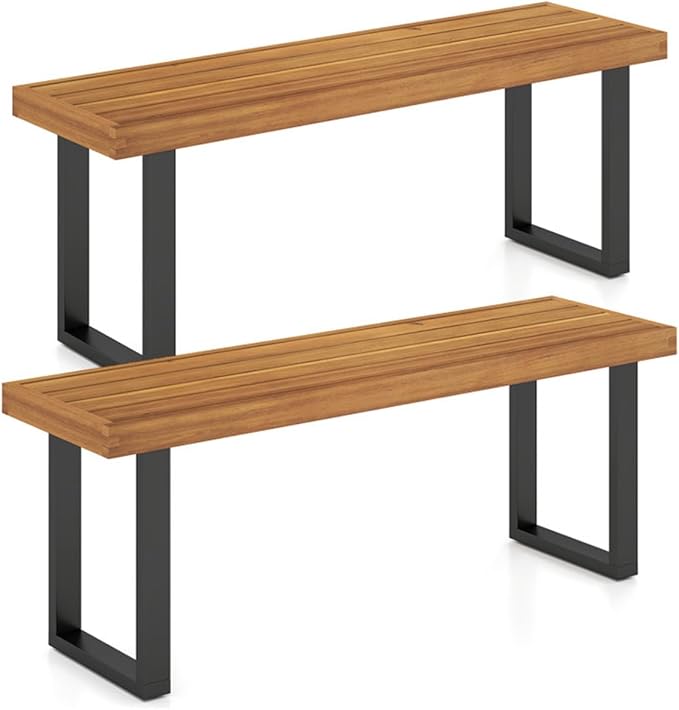 Outdoor Dining Bench Set of 2, Solid Acacia Wood Patio Garden Bench, 800 LBS Weight Capacity Backless Bench with Metal Legs, 48 Inch