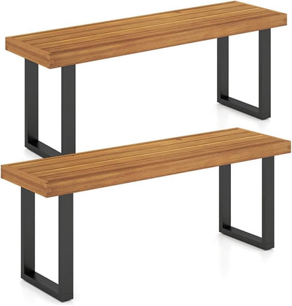 Outdoor Dining Bench Set of 2, Solid Acacia Wood Patio Garden Bench, 800 LBS Weight Capacity Backless Bench with Metal Legs, 48 Inch