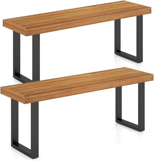 Outdoor Dining Bench Set of 2, Solid Acacia Wood Patio Garden Bench, 800 LBS Weight Capacity Backless Bench with Metal Legs, 48 Inch