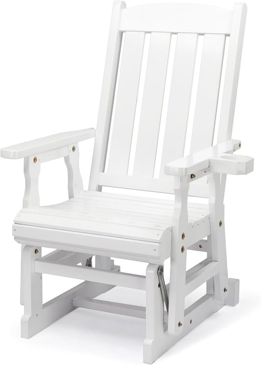 VINGLI Wooden Patio Glider, Heavy Duty 600 LBS Outdoor Glider with Cup Holders, Single Wooden Glider Bench with High Backrest for Garden, Yard, Patio, White