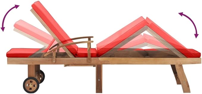 Solid Teak Wood Sun Lounger with Red Cushion, Adjustable Backrest Patio Chair with Wheels, Heavy Duty Outdoor Poolside Lounge Bed for Garden, 76.8 x 23.4 Inches