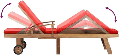 Solid Teak Wood Sun Lounger with Red Cushion, Adjustable Backrest Patio Chair with Wheels, Heavy Duty Outdoor Poolside Lounge Bed for Garden, 76.8 x 23.4 Inches