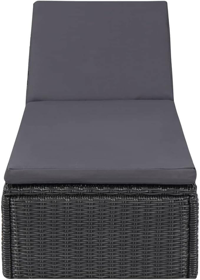Adjustable Rattan Sunlounger Black Dark Gray 77.9 x 23.6 x 32.9 in PE-Wicker Outdoor Chaise Lounge with Removable Cushion for Patio Garden Poolside Balcony