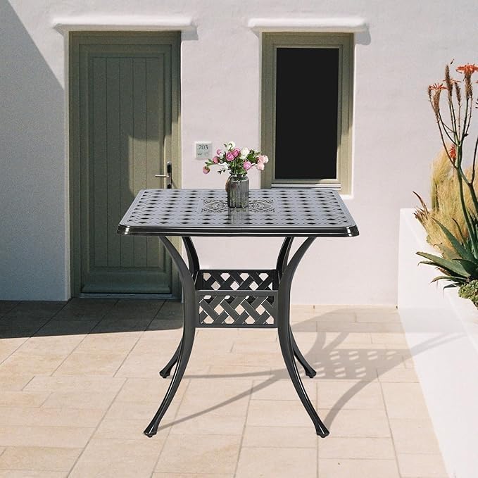 Outdoor Cast Aluminum Patio Table, 30.5” Square Bistro Table with 2.2” Umbrella Hole for Patio Garden Deck Backyard