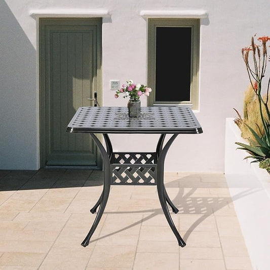 Outdoor Cast Aluminum Patio Table, 30.5” Square Bistro Table with 2.2” Umbrella Hole for Patio Garden Deck Backyard