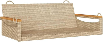 Beige Poly Rattan Swing Bench with Powder-Coated Steel Frame and Solid Acacia Wood Seat, 2-Person Outdoor Patio Furniture for Balcony Garden Relaxation, UV-Resistant Poly
