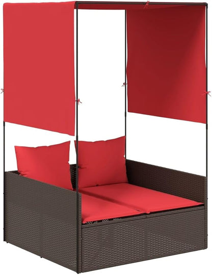 Patio Double Sun Lounger with Roof & Curtains 44.5 lbs Brown Red Synthetic Rattan 2 Person Outdoor Chaise Lounge 17 x 18.3 x 29 in for Garden Poolside Balcony