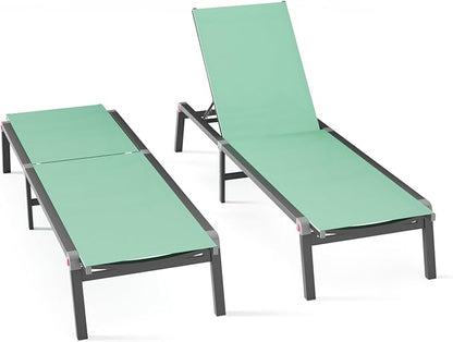 Aluminum Chaise Foldable Patio Lounge Chair Outdoor, Metal Deck Lounger Adjustable 5-Position Recliner Pool Chase Breathable Full Flat Outside Sun Tanning Chairs for Beach/Poolside/Lawn(Green, 2 Pack)