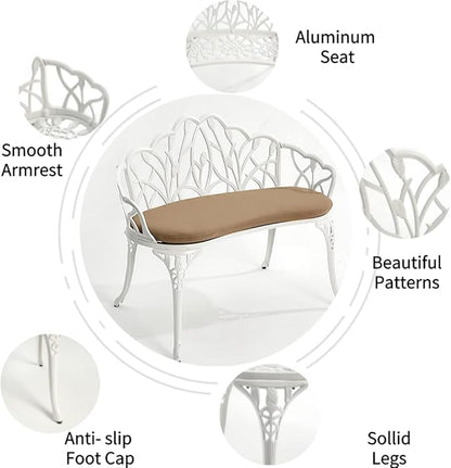 Patio Aluminum Outdoor Bench, Garden Metal Loveseat Furniture with Soft Cushion, Leaf Carving Antique White Front Porch Chair Seat