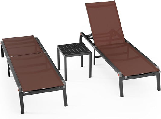 Aluminum Patio Chaise Lounge Chair Set of 2 with Side Table,5-Position Adjustable Backrest,Foldable Lounge Chair Outdoor,Pool Lounge Chairs for Poolside,Lawn,Deck,Beach (Brown, 2 Pack+Table)