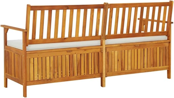 Rustic Solid Acacia Wood Storage Bench with Cream White Polyester Cushion, Durable Entryway Seat for Living Room Patio, Ample Internal Storage Space, Comfortable Seating
