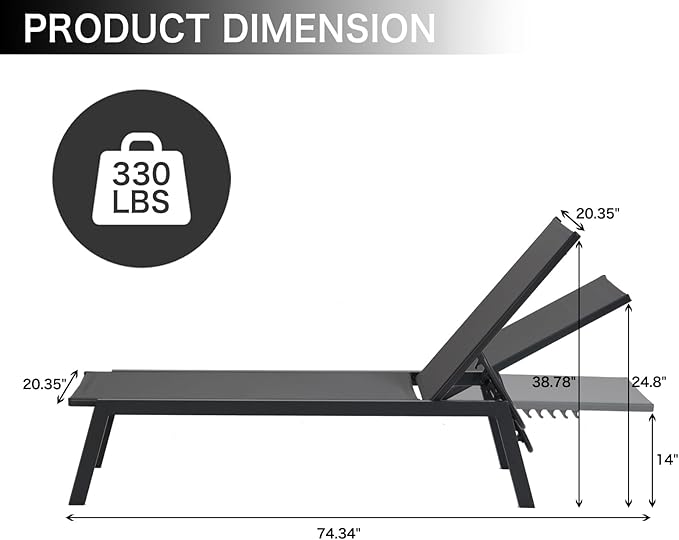 Aluminum Outdoor Chaise Lounge Set of 2,Patio Breathable Textilene Lounge Chairs,Sunbathing Recliner w/5 Adjustable Backrest, for Outside Yard Balcony Garden Poolside Beach Deck Lawn,Grey