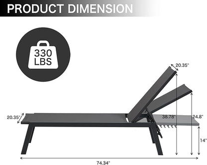 Aluminum Outdoor Chaise Lounge Set of 2,Patio Breathable Textilene Lounge Chairs,Sunbathing Recliner w/5 Adjustable Backrest, for Outside Yard Balcony Garden Poolside Beach Deck Lawn,Grey