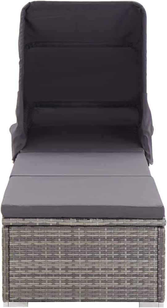 Grey Rattan Sun Lounger with Canopy 76.8 x 23.6 x 43.3 in Powder-Coated Steel Frame Adjustable Recline Foldable Outdoor - Photo 4