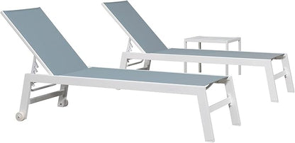 PURPLE LEAF Lounge Chair Outdoor Set of 2 White Aluminum Lounge Chair with Wheels and Table Outdoor Chaise Lounges for Patio Pool Yard, Steel Blue
