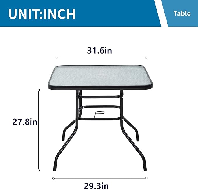 BSTOPHKL Outdoor Patio Table with Umbrella Hole, 32 inches Tempered Glass Top Square Patio Table,Conversation Coffee Table Metal Steel Frame All-Weather Furniture for Balcony, Backyard and Poolside