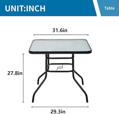 BSTOPHKL Outdoor Patio Table with Umbrella Hole, 32 inches Tempered Glass Top Square Patio Table,Conversation Coffee Table Metal Steel Frame All-Weather Furniture for Balcony, Backyard and Poolside
