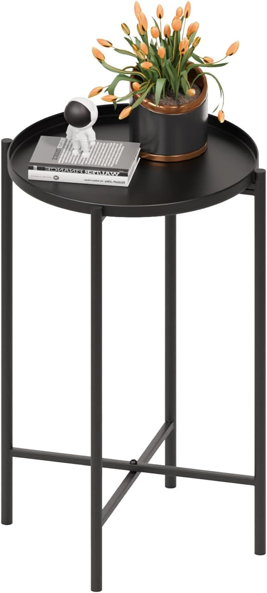 VINGLI Round Metal Side Table with Removable Tray, Outdoor Patio Coffee Table, Waterproof End Table for Small Spaces, Outdoor Patio, Living Room, Bedroom, Balcony (X-Brace & Non-Slip Pads) (1, Black)
