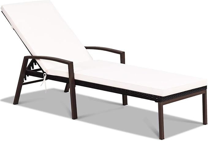 COSTWAY PE Rattan Lounge Chair Outdoor, Patio Wicker Chaise Lounge with 5-Position Adjustable Backrest, Soft Cushion & Arm Rest, Pool Lounger for Poolside, Deck, Backyard (White)