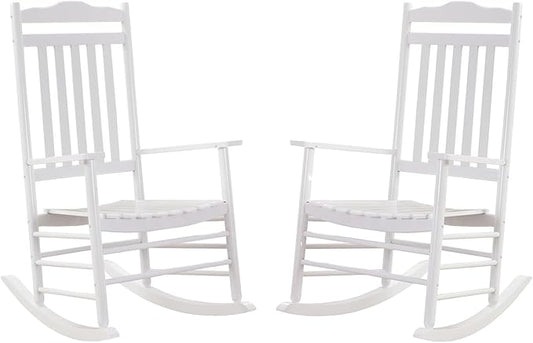 Outdoor Patio Wooden Rocking Chairs Set 2 Piece, Furniture Comfy Rockers for Adults Porch Lawn Room Outside Indoor, White
