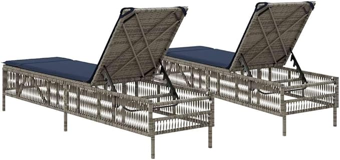 2-Person Gray Poly Rattan Patio Chaise Lounge Set, Adjustable Backrest, Removable Cushions, 78" L Poolside Lounger - Photo 7