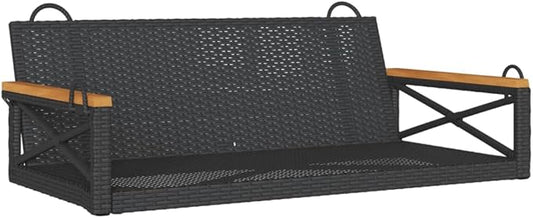 Black Poly Rattan 2-Seat Outdoor Swing Bench 42.9" Patio Garden Loveseat with Powder-Coated Steel Frame UV-Resistant for Porch Backyard & Balcony