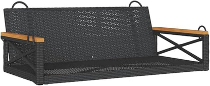Black Poly Rattan Swing Bench with Powder-Coated Steel Frame and Solid Acacia Wood Seat, 2-Person Outdoor Patio Furniture for Balcony Garden Relaxation, UV-Resistant Poly
