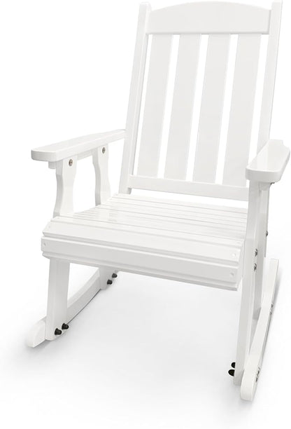 Fortune Candy Wooden Rocking Chair with Comfortable Backrest Inclination, High Backrest and Deep Contoured Seat, Solid Fir Wood, Heavy Duty 600 LBS, for Backyard, Porch and Patio (PU White)