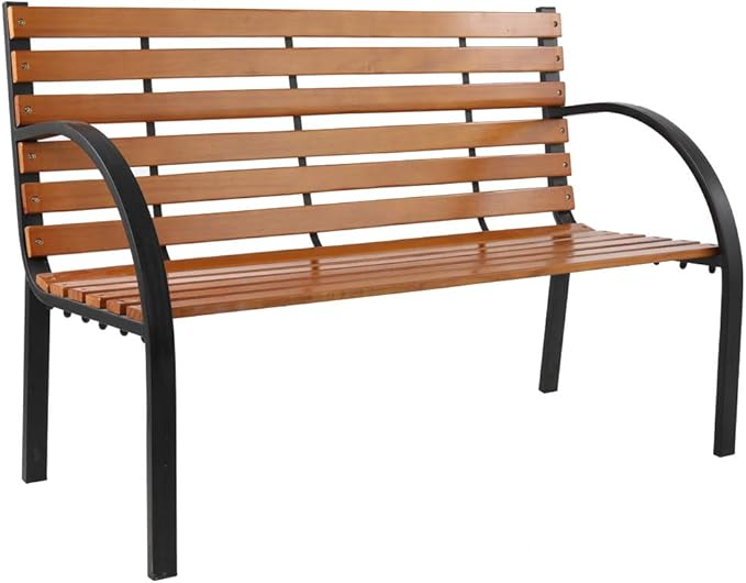 48in Outdoor Wood & Metal Porch Benches,Weatherproof Patio Park Bench,Outside Leisure Bench,Outdoor Garden Park Bench,with Backrest and Armrests,for Lawn, Deck, Path, Backyard, Entryway (Brown)