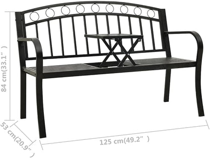 Garden Bench Outdoor Bench Patio Bench Cushions for Outdoor, Park, Yard, Entryway, Iron Metal Frame Furniture, with Folding Table 49.2" Steel Black-Fast delivchy