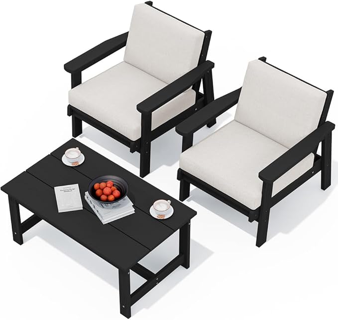 SERWALL HDPE Outdoor Couch, Black Frame and Khaki Cushion - Photo 1