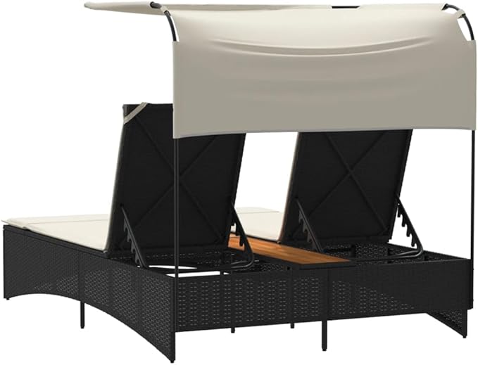 Outdoor Double Sun Lounger with Canopy 62"x21" Adjustable PE Rattan Black Pool Chaise Lounge Chair for Patio Garden - Photo 7