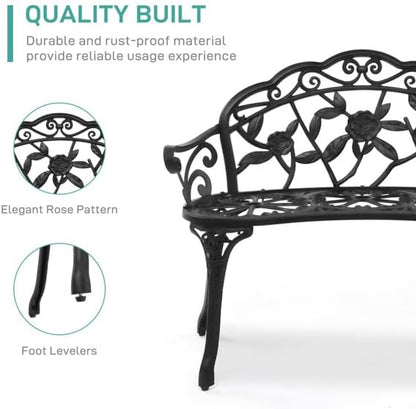 Patio Outdoor Park Loveseat Bench for Garden Porch Deck Made Cast Iron Anti-Rust Aluminum Metal, 2-3 Seater (38.5" Cast Aluminum Outdoor Rose Black Bench)