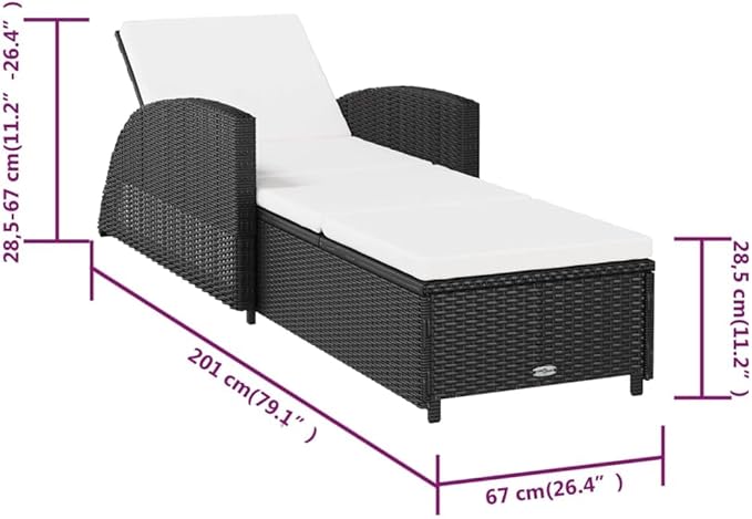 Ergonomic Outdoor Chaise Lounge with Adjustable Backrest, 79" Extra Long Black Poly Rattan Sun Lounger, Cream Cushioned Patio Furniture, Steel Frame for Pool Garden Deck