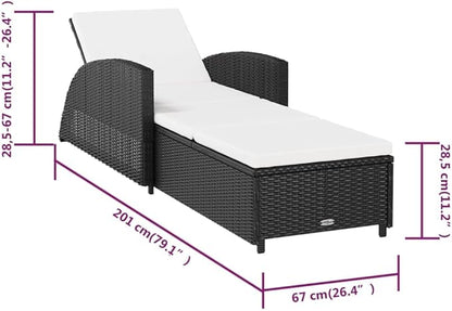 Ergonomic Outdoor Chaise Lounge with Adjustable Backrest, 79" Extra Long Black Poly Rattan Sun Lounger, Cream Cushioned Patio Furniture, Steel Frame for Pool Garden Deck