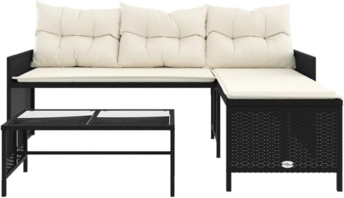 vidaXL Patio Sofa Set - L-Shaped Black Poly Rattan, Powder-Coated Steel Frame with Cream Cushions, Tempered Glass Coffee Table for Garden/Deck