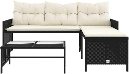 vidaXL Patio Sofa Set - L-Shaped Black Poly Rattan, Powder-Coated Steel Frame with Cream Cushions, Tempered Glass Coffee Table for Garden/Deck