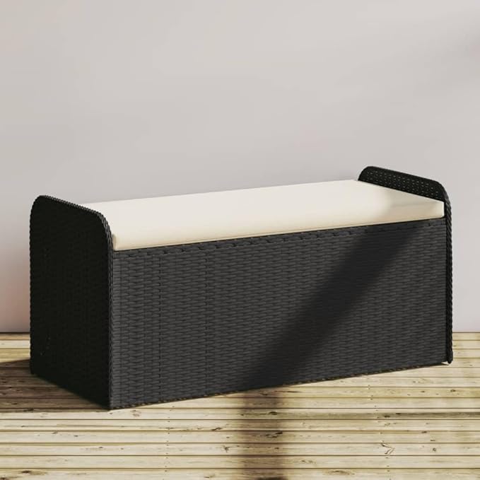 vidaXL Black Poly Rattan Storage Bench with Cream White Cushion - Weather- Outdoor/Patio/Garden Seating Furniture with Spacious Storage
