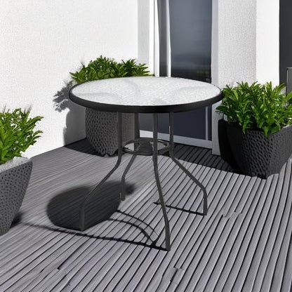 Yaheetech 27.4'' Patio Bistro Table Round Outdoor Coffee Table, Round Tempered Glass Top with 1.7'' Umbrella Hole, Iron Frame for Balcony Backyard Lawn and Garden