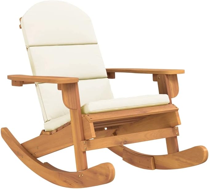 Outdoor Rocking Chair, Solid Acacia Wood Porch Rocker with Comfortable Cream White Cushions, Weather-Resistant Patio Furniture for Garden, Backyard, and Balcony
