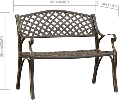 Traditional Bronze Cast Iron Garden Bench with Floral Design, 40.2 Inch Outdoor Patio Seating for Two Adults, Durable Metal Furniture for Balcony and Yard, Elegant Vintage