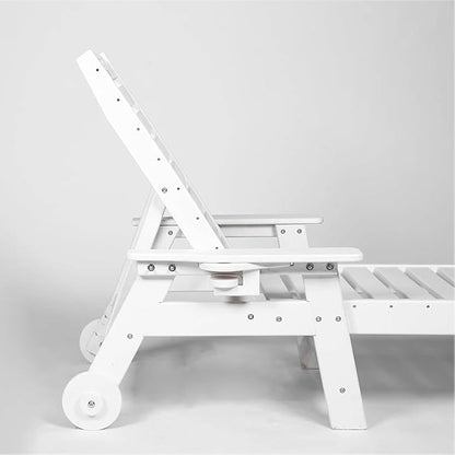 Lounge Chair Outdoor with Wood Texture, Oversized Chaise Lounge Chairs Outside with 5-Position Adjustable Backrest, HDPE Patio Lounge Chair with Wheels & Cup Holder for Poolside, Deck,White
