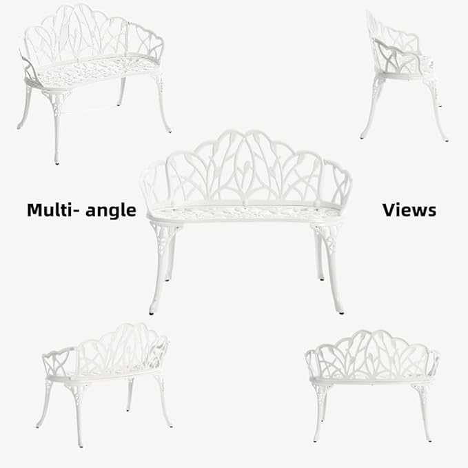 Patio Aluminum Outdoor Bench, Garden Metal Loveseat Furniture, Vintage Tulip Carving Antique White Front Porch Chair Seat