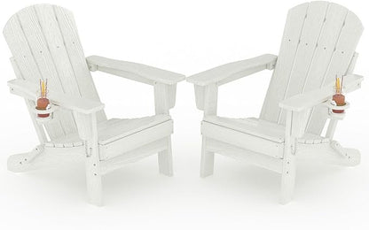 Folding Adirondack Chair Set of 2, All-Weather HDPE Outdoor Chair, Wooden Textured with Cup Holder for patios, Decks, Gardens, fire pits, White