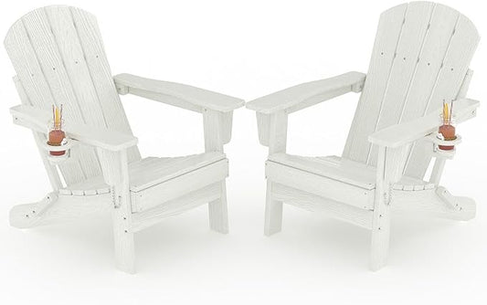 Garvee Folding Adirondack Chair Set of 2, HDPE Outdoor Patio Chair with Cup Holder, All Weather Resistent Wooden Textured for patios, Decks, Gardens, fire Pit, White