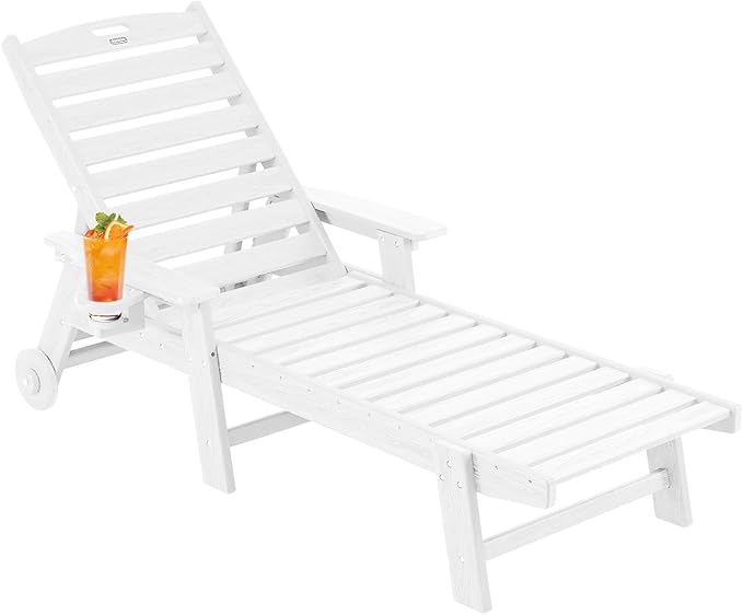 Chaise Lounge Chair Outdoor with Wheels, Oversize Patio Lounge Chairs with Wood Texture, 6-Position Plastic Lounge Chairs for Poolside, Patio, Deck, Beach