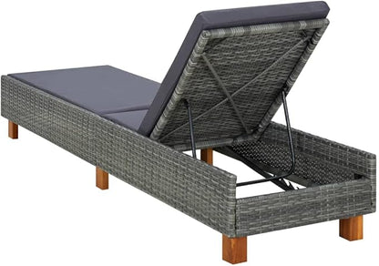 Sun Lounger with Cushion, Adjustable Backrest Grey PE Rattan Sunbed for Patio Garden Poolside, Durable Weather Resistant Outdoor Chaise Lounge with Armrests