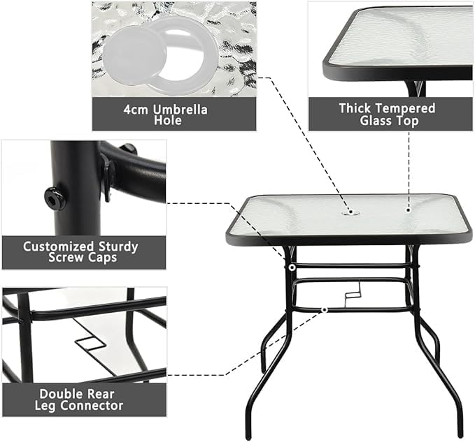 32in Outdoor Table Patio Dining Table Outdoor Dining Table with Umbrella Hole Square Tempered Glass for Yard Bistro - Photo 5