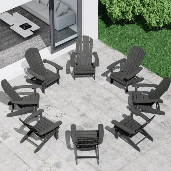 YEFU Adirondack Chairs Set of 8: Outdoor Chair HIPS Plastic Adirondack Chairs - Patio Chairs with Wood Texture - Lawn Fire Pit Deck Porch Garden Chairs for Adults (Black)