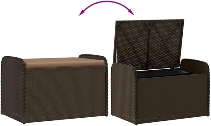 vidaXL Brown Poly Rattan Storage Bench with Cushion - Outdoor Garden Seating & Organization, UV/Weather-Resistant, with Water-Resistant Bag